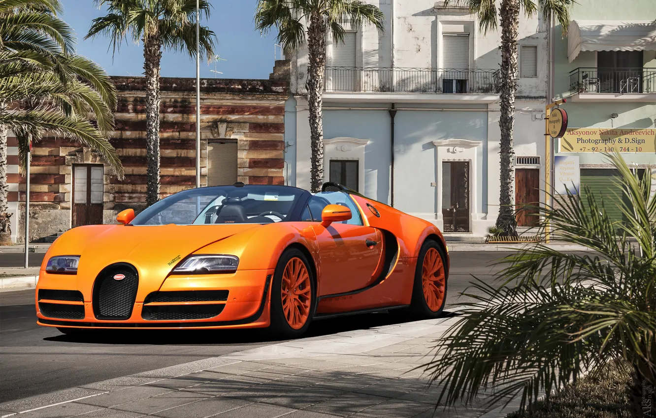 Photo wallpaper orange, palm trees, Bugatti, Veyron, Bugatti, the front, Veyron, Vitesse