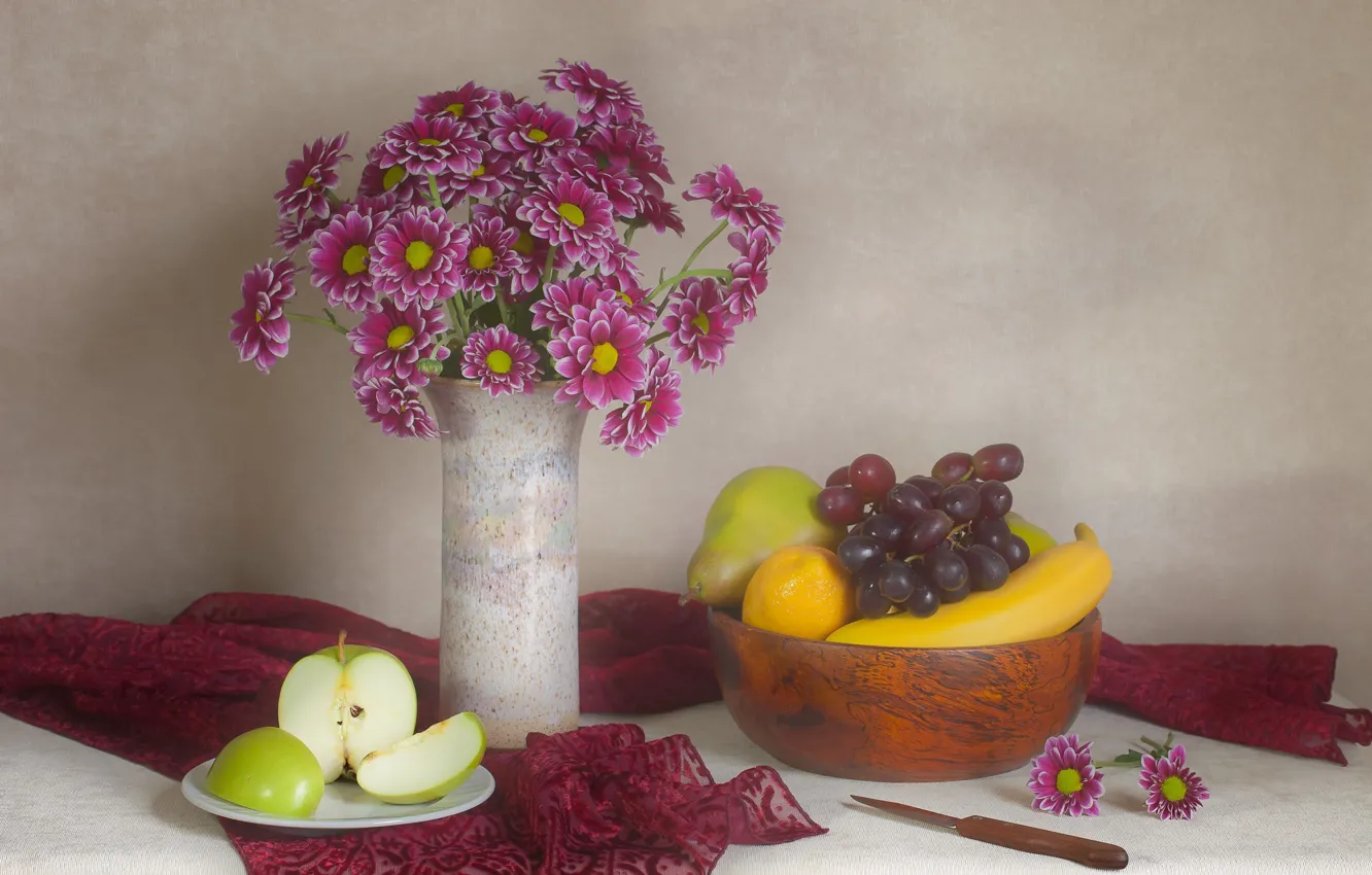 Photo wallpaper Apple, bouquet, grapes, fruit, banana, chrysanthemum