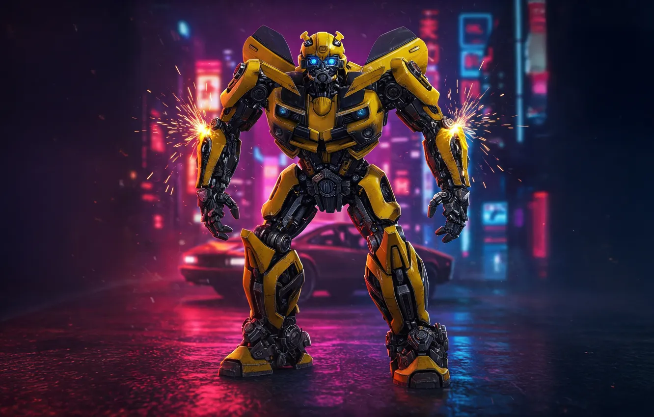 Photo wallpaper road, night, the city, lights, cars, art, sparks, Transformers