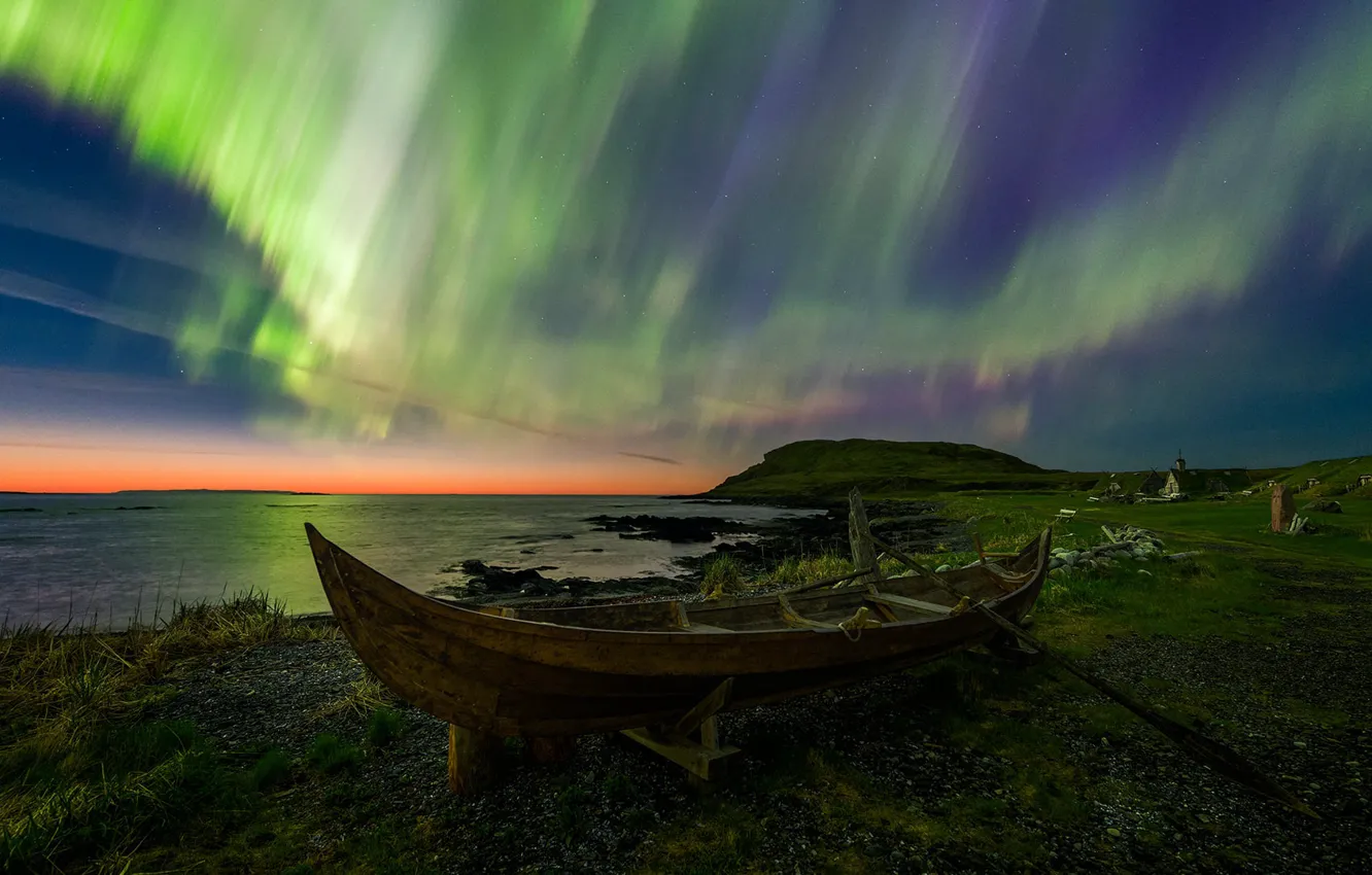 Photo wallpaper boat, Newfoundland, Norsted, Viking Village, Northern Lights