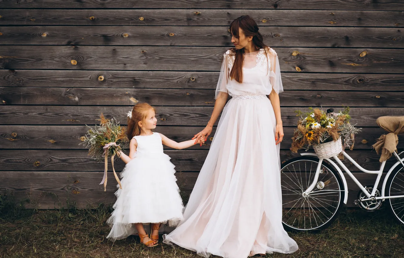 Photo wallpaper girl, happiness, flowers, bike, dress, girl, mom, daughter