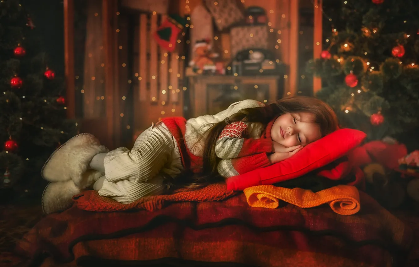 Photo wallpaper balls, children, pose, room, new year, sleep, pillow, Christmas