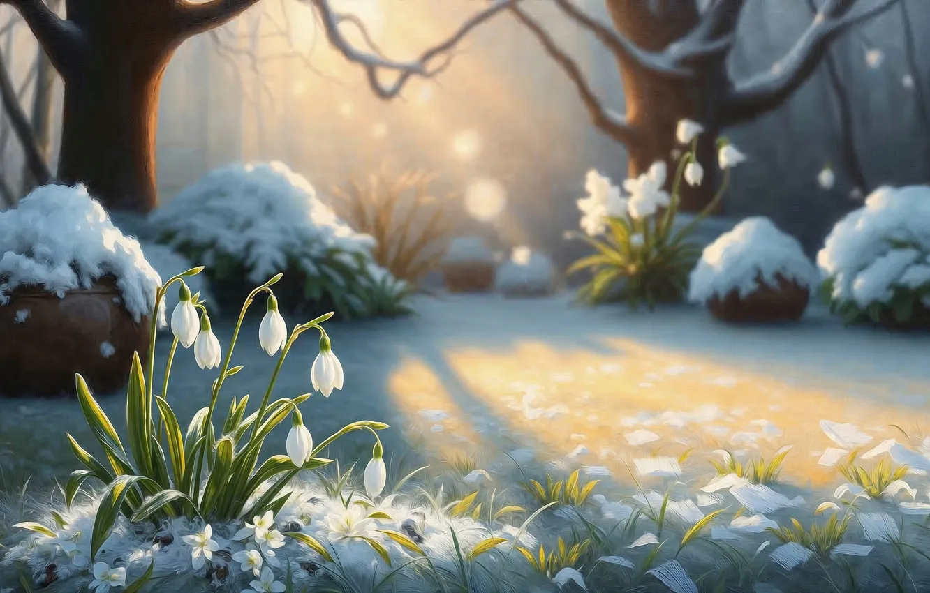 Photo wallpaper rays, light, snow, trees, flowers, branches, fog, glade