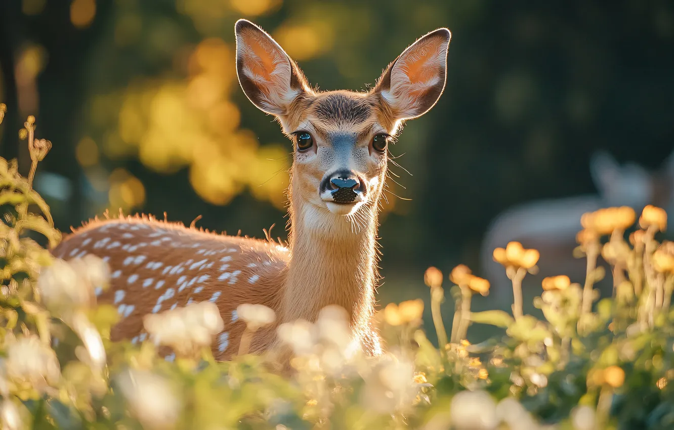 Photo wallpaper look, flowers, nature, glade, deer, bokeh, fawn, white-tailed deer