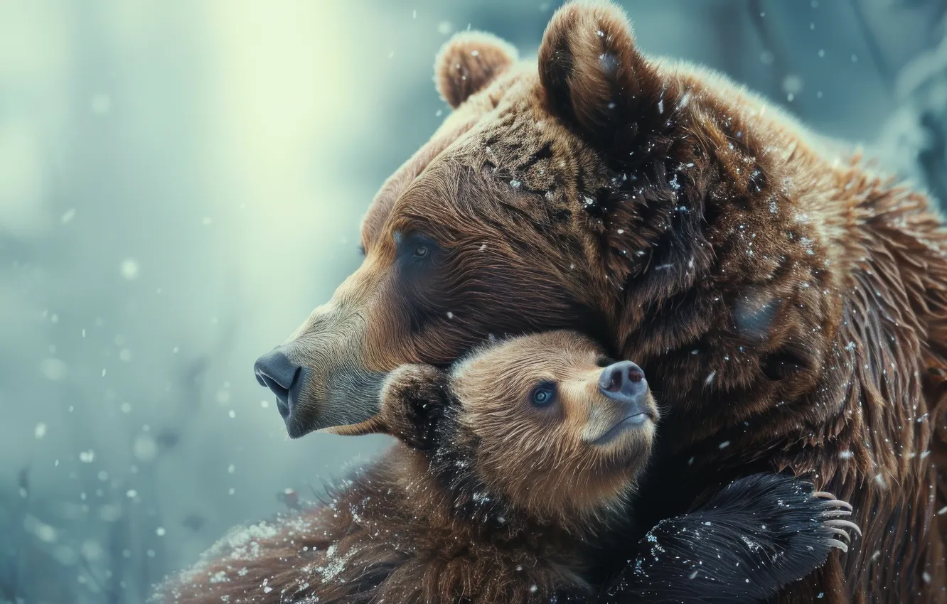 Photo wallpaper winter, look, snow, nature, bear, hugs, bear, cub