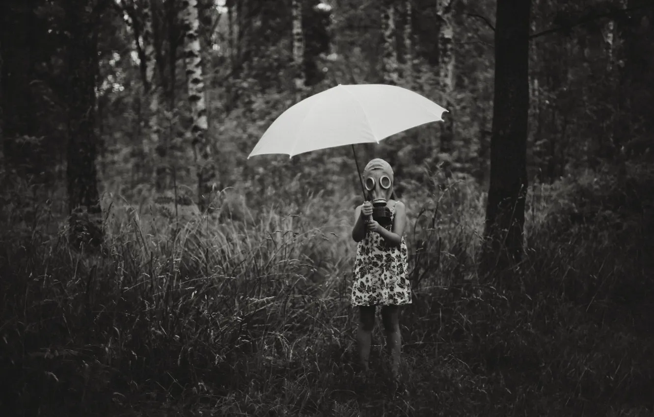 Photo wallpaper umbrella, girl, gas mask, it can rain all the time