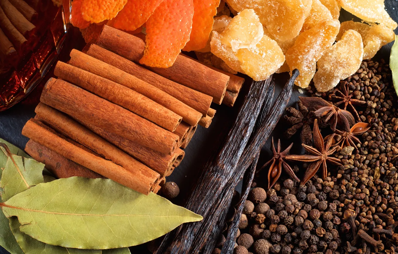 Photo wallpaper pepper, cinnamon, vanilla, ginger, star anise, peel, Bay leaf