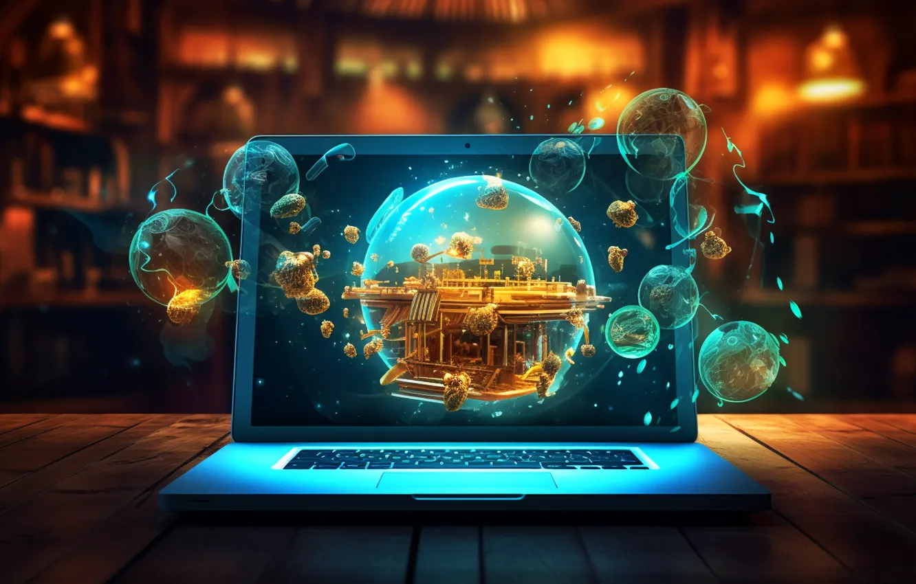 Photo wallpaper bubbles, laptop, blurred, technology, blurry background, AI art