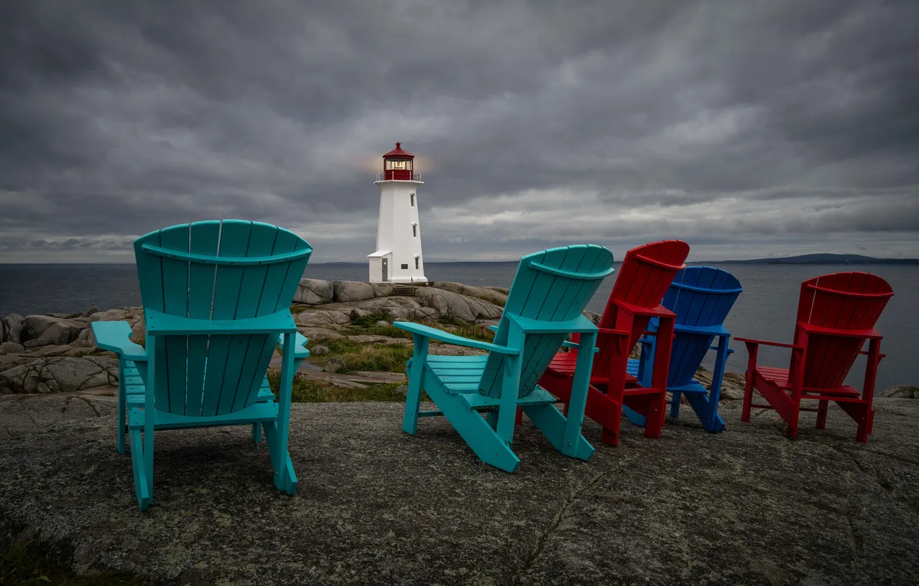 Photo wallpaper sea, shore, lighthouse, chair, sun loungers