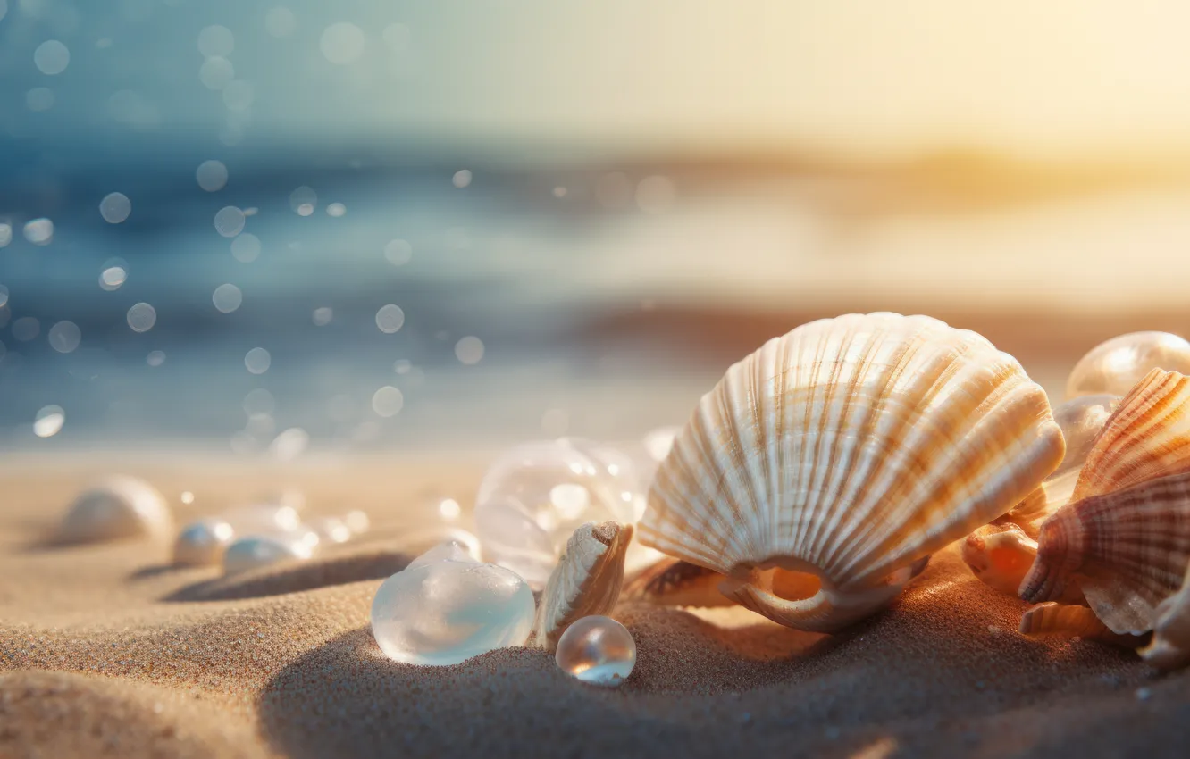 Photo wallpaper sea, beach, the ocean, shore, shell, starfish, seashells, seashell