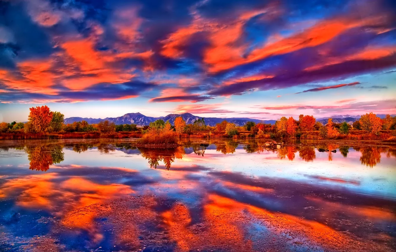 Photo wallpaper autumn, the sky, clouds, trees, mountains, lake