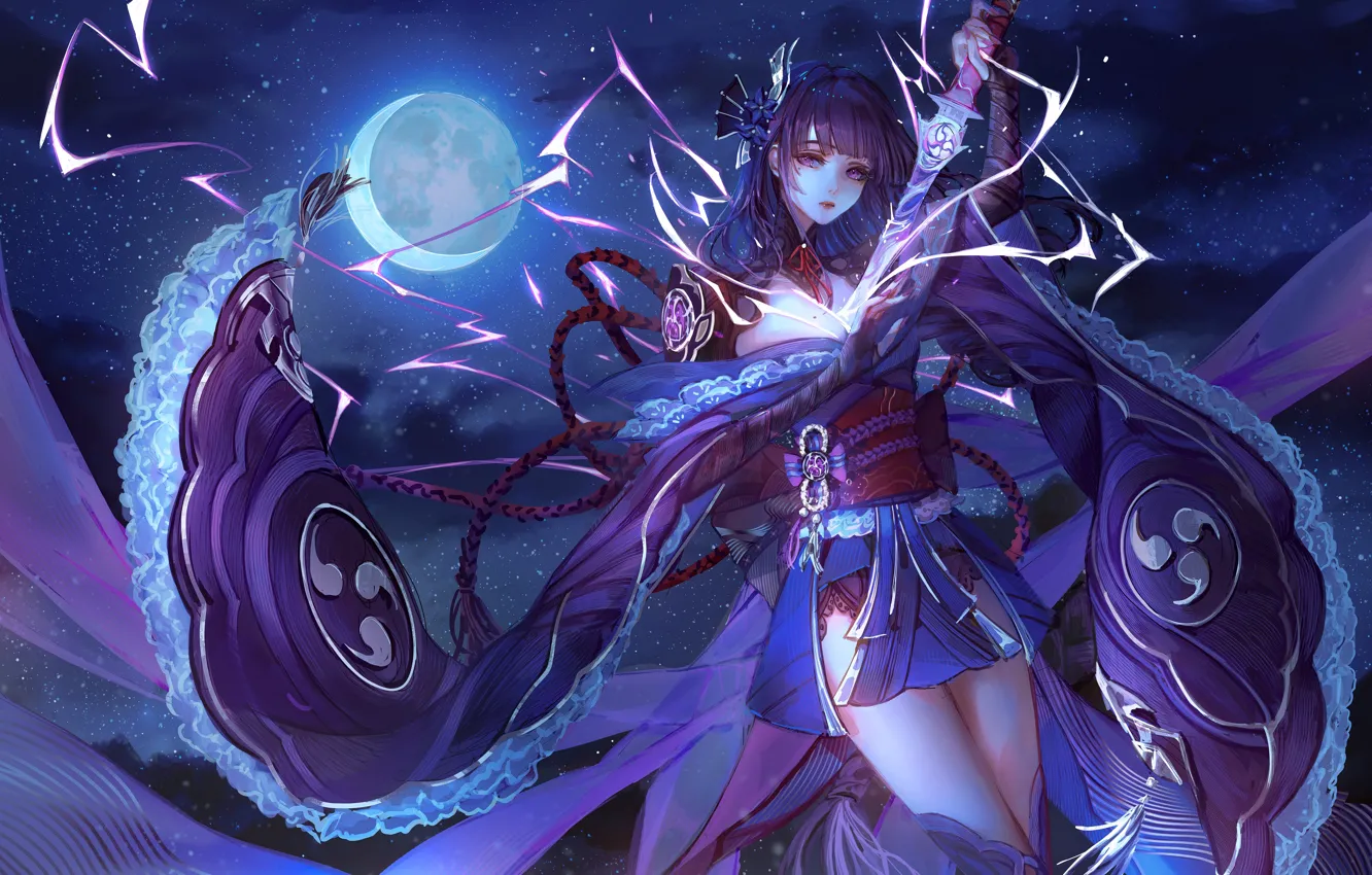 Photo wallpaper girl, night, lightning, sword, Genshin Impact, Raiden Shogun, NIXEU
