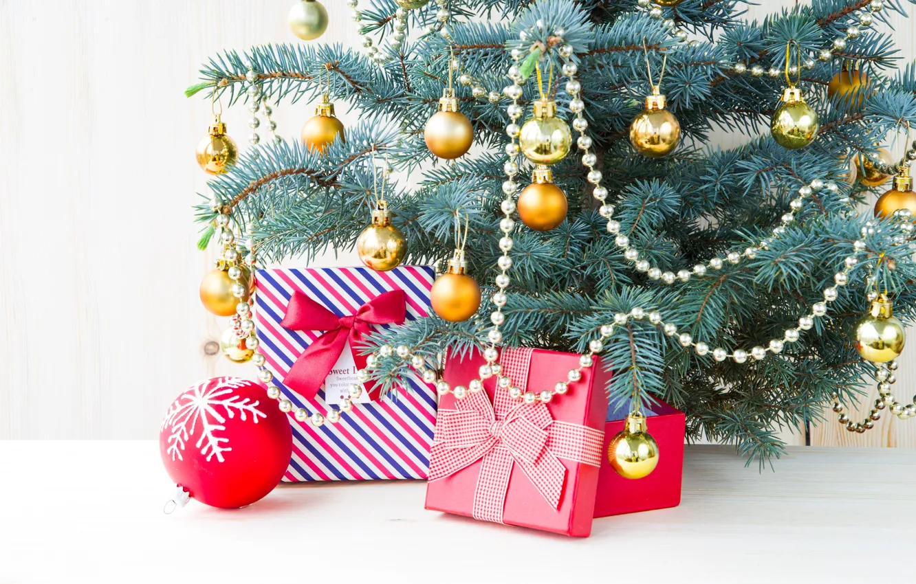 Photo wallpaper balls, ball, spruce, Christmas, gifts, New year, tree, garland