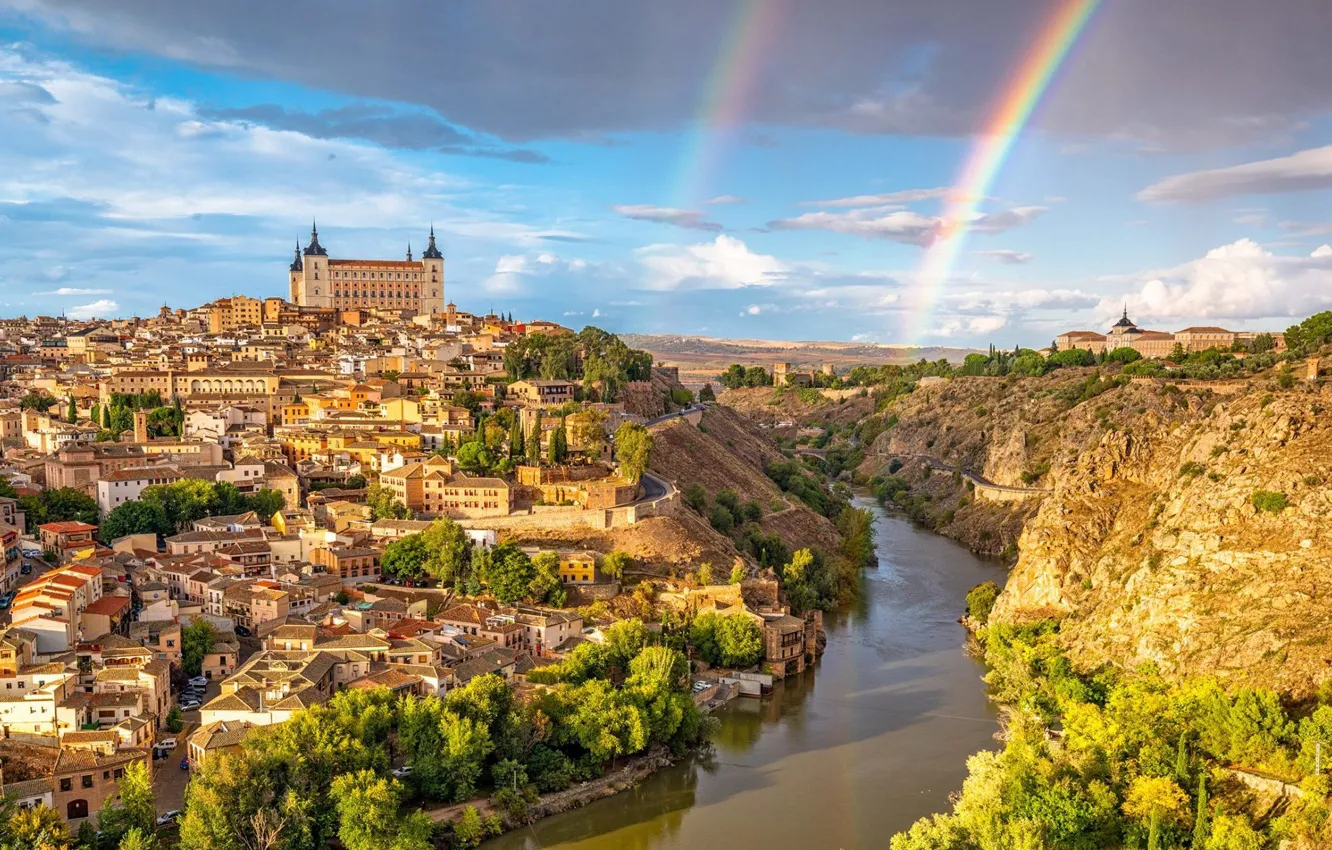 Photo wallpaper the city, river, Spain, Toledo, Toledo with two Rainbows