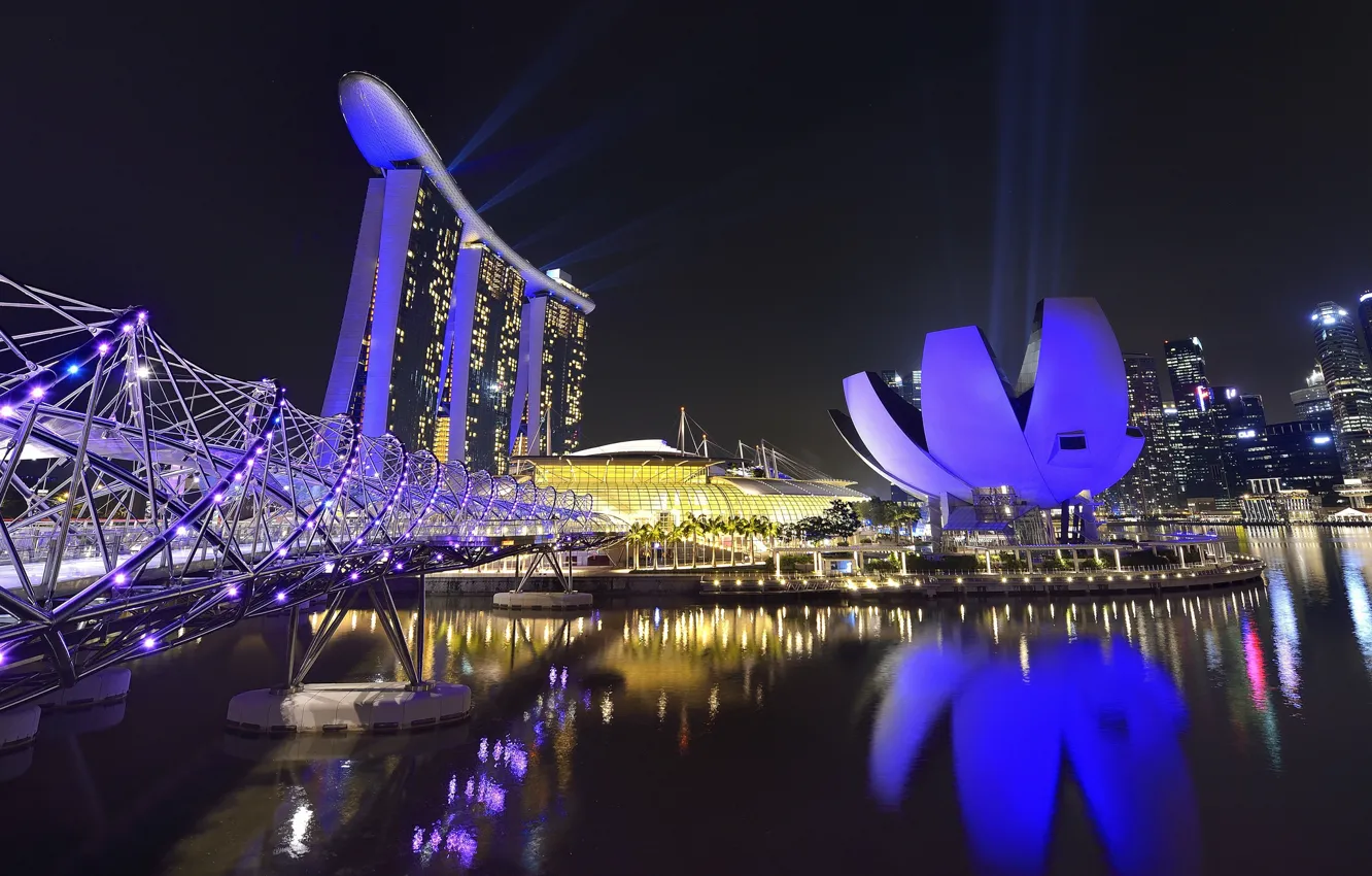 Photo wallpaper night, the city, lights, ship, skyscrapers, Singapore