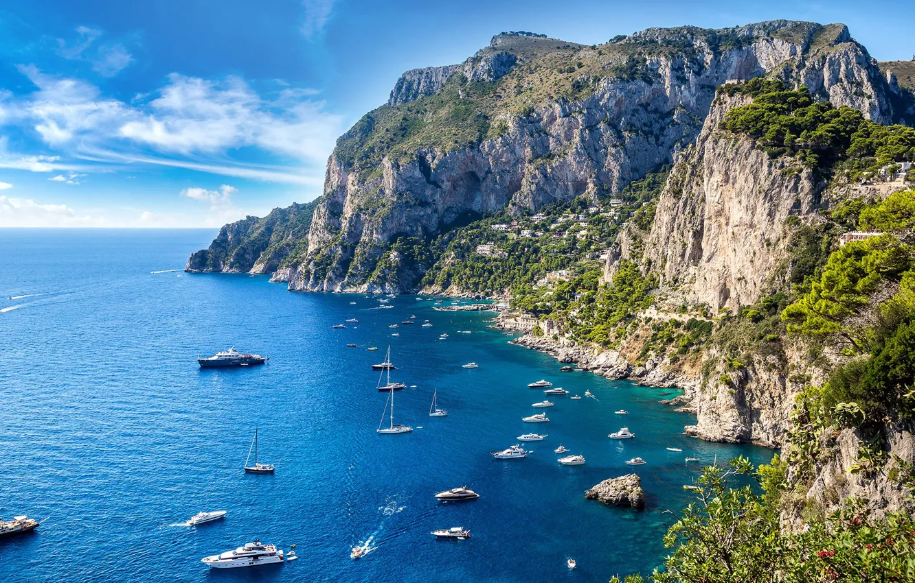 Photo wallpaper mountains, the city, rocks, yachts, Italy, Capri