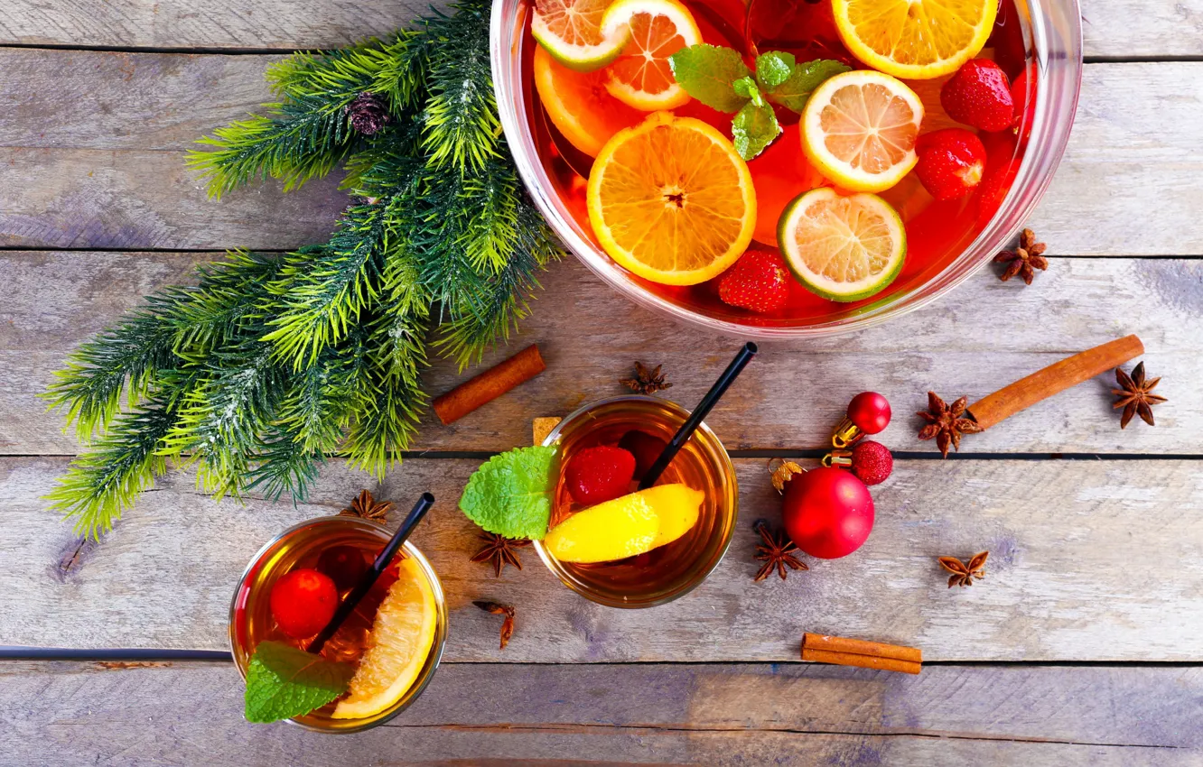 Photo wallpaper lemon, tree, orange, strawberry, juice, Christmas, cinnamon, citrus