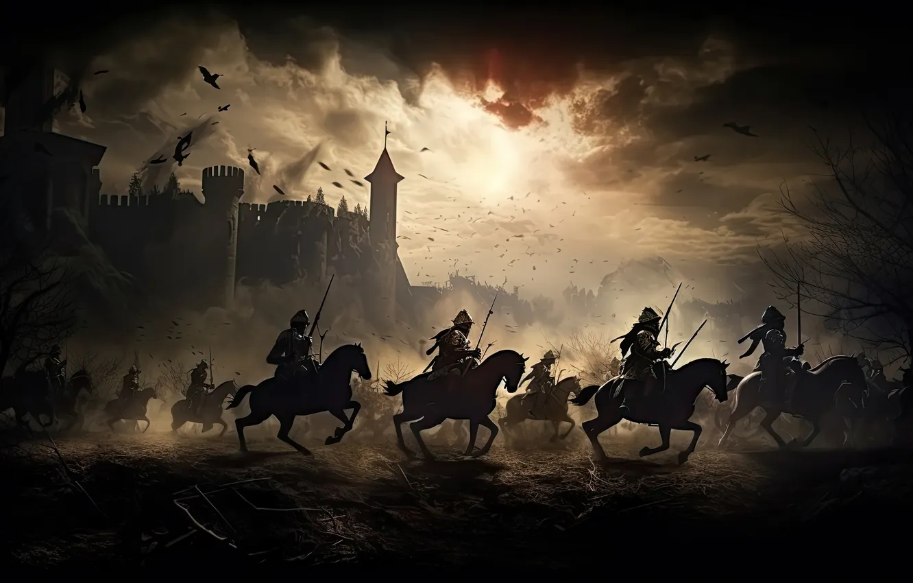 Photo wallpaper the sun, sunset, birds, clouds, weapons, people, castle, war