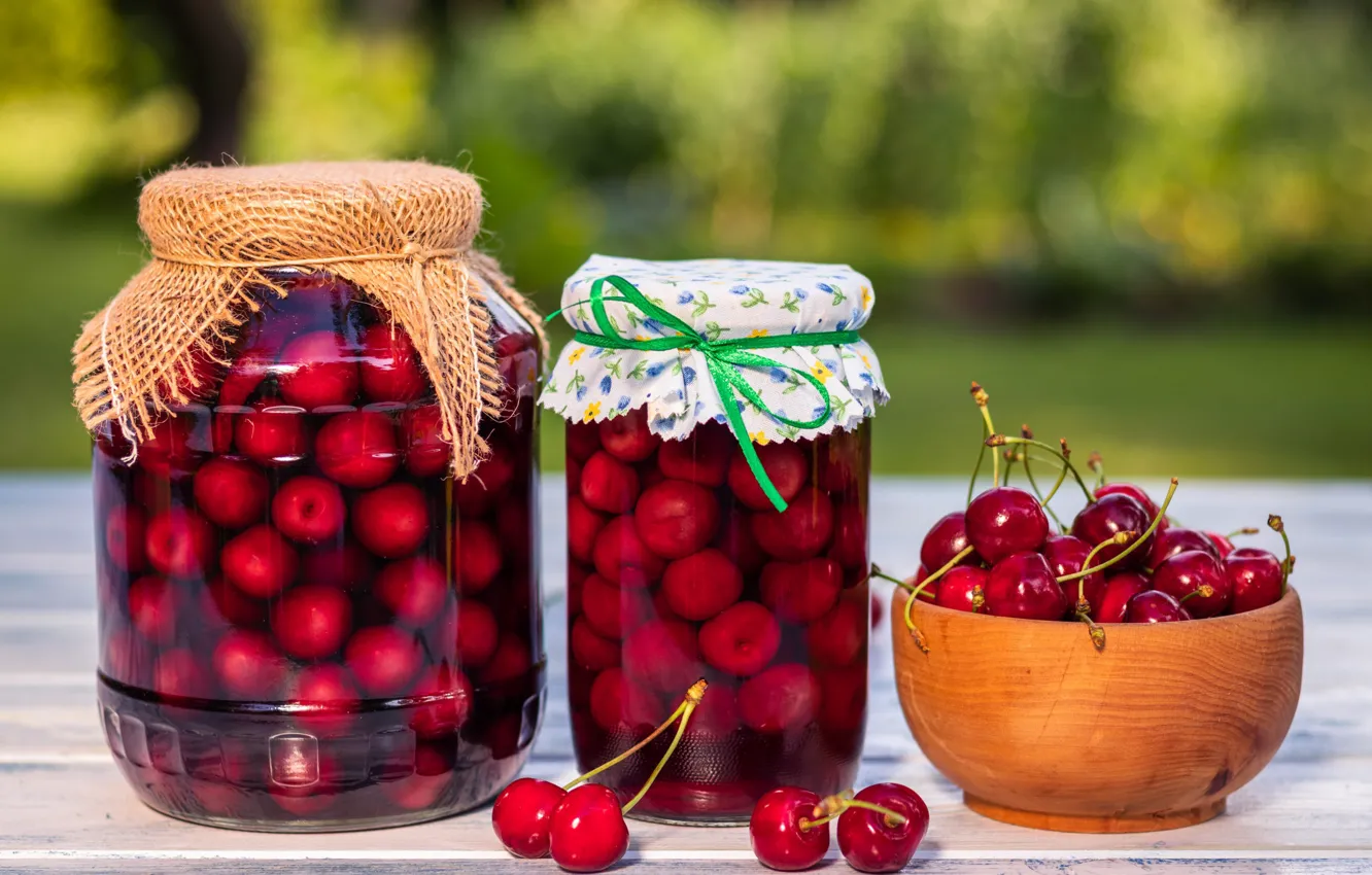 Photo wallpaper red, cherry, berries, table, juice, cherry, Bank, drink