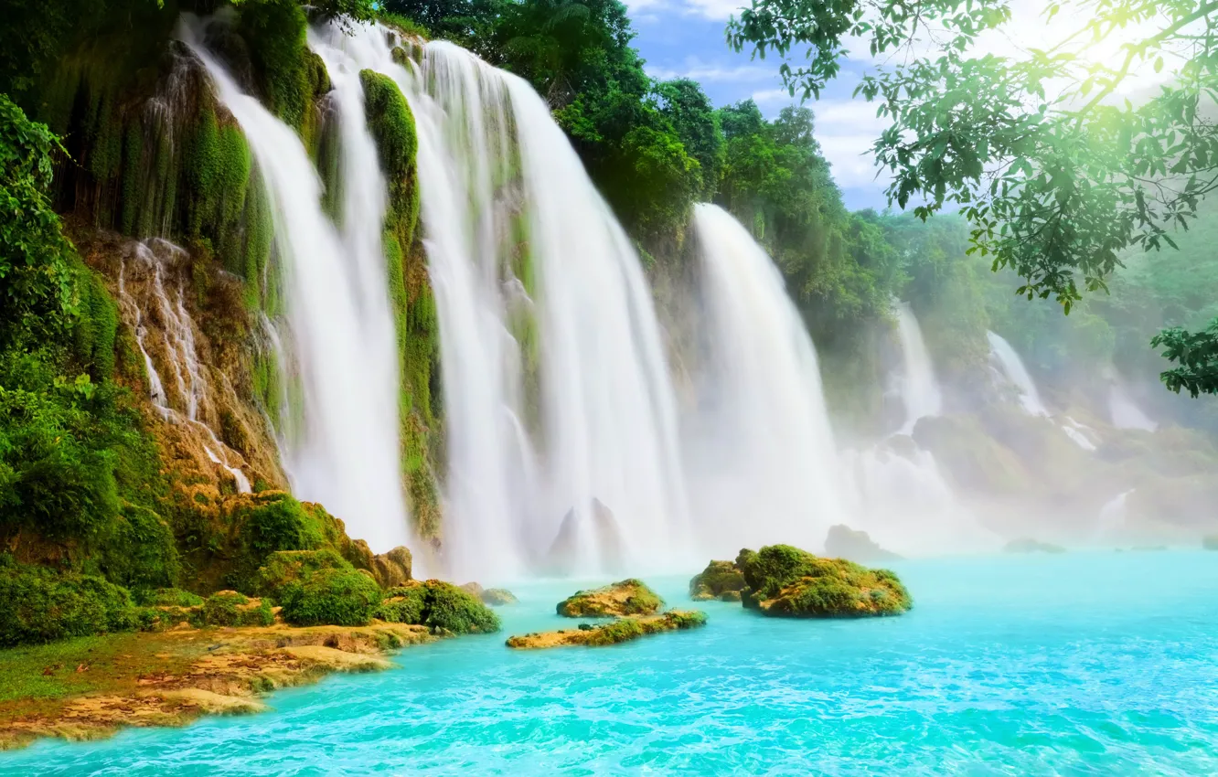 Photo wallpaper water, waterfall, waterfalls, trees.