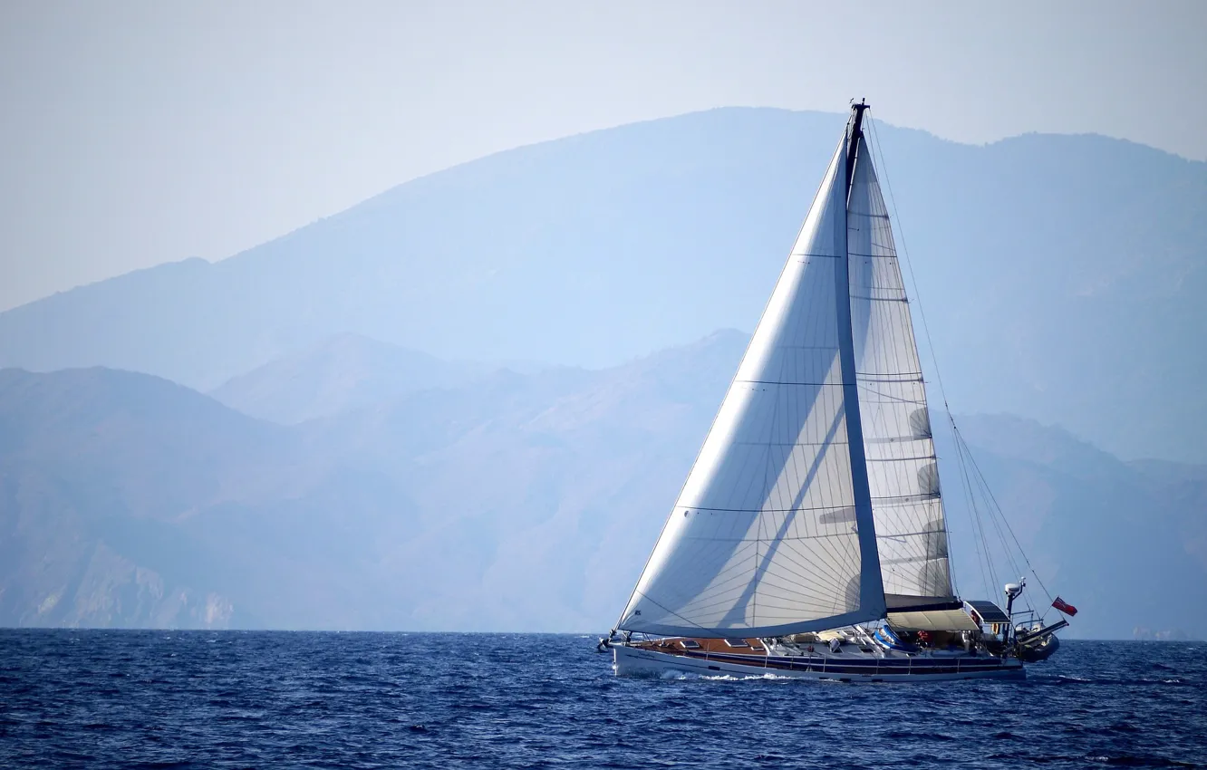 Photo wallpaper sea, mountains, yacht, sail, beautiful, background.