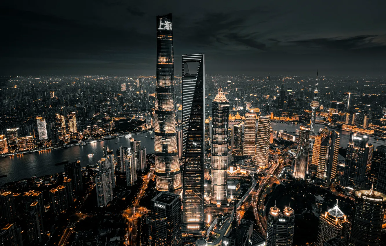 Photo wallpaper City, Clouds, Night, City Lights, Zhou Xian