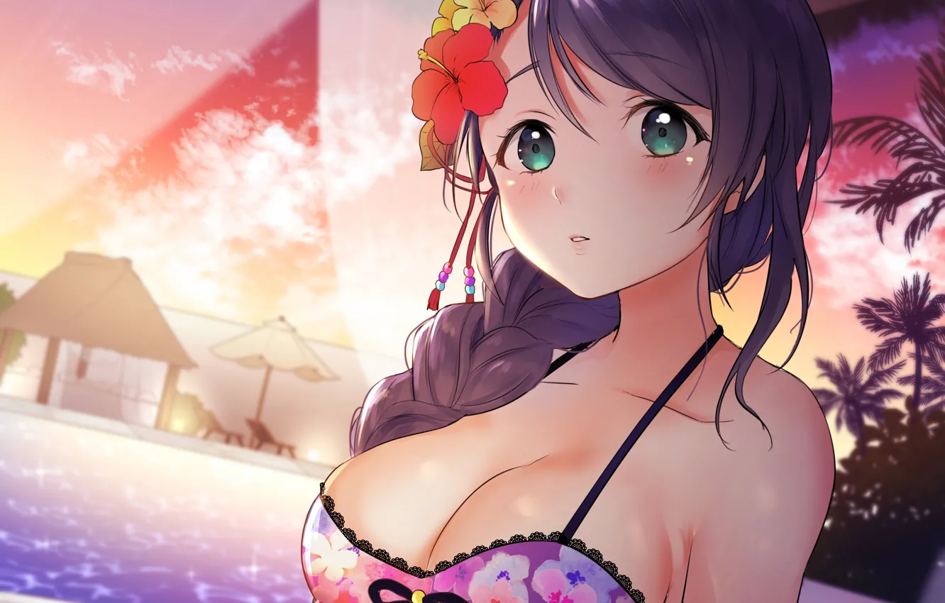 Photo wallpaper girl, sexy, long hair, boobs, anime, beautiful, pretty, brunette