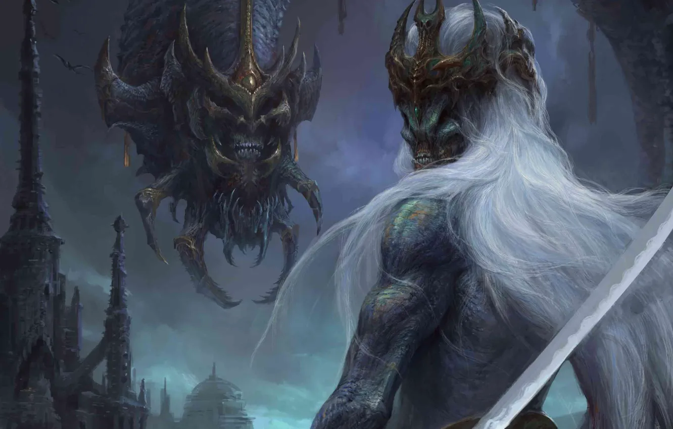 Photo wallpaper the city, dragon, monster, sword, crown, art, leach