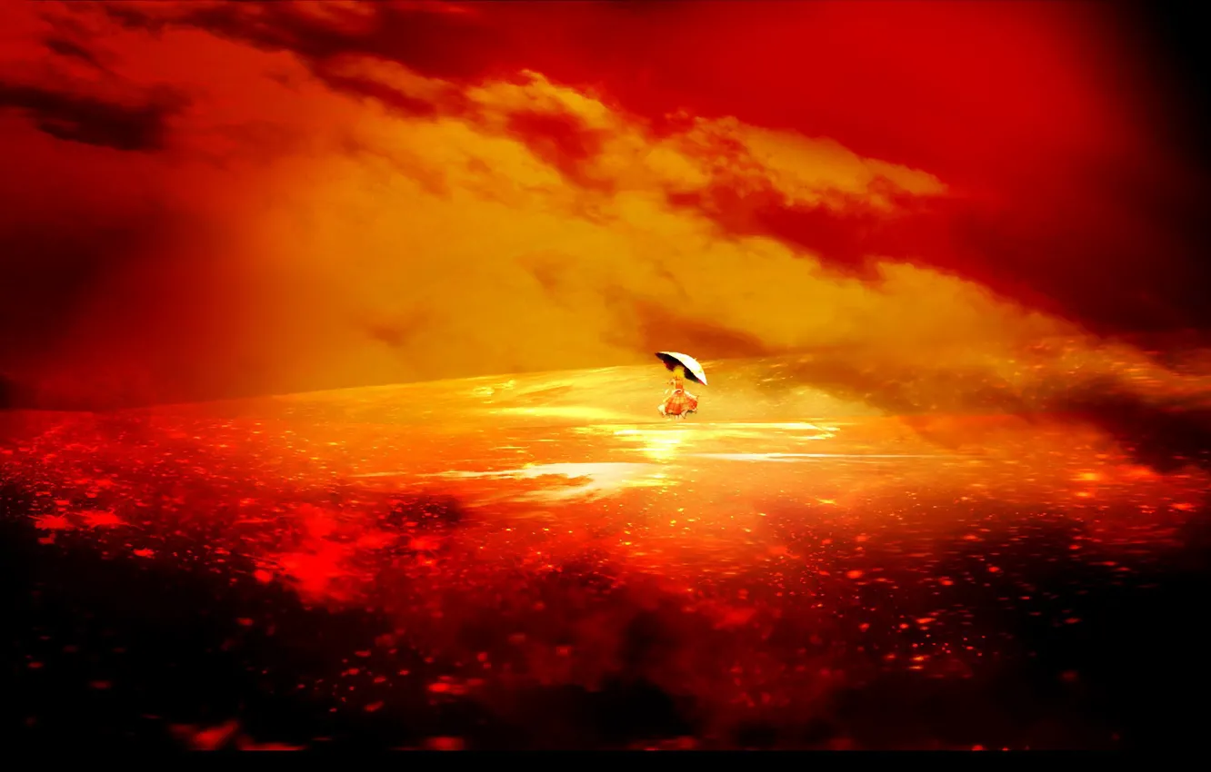 Photo wallpaper the sky, light, the evening, umbrella, meadow, glow, art, Touhou Project