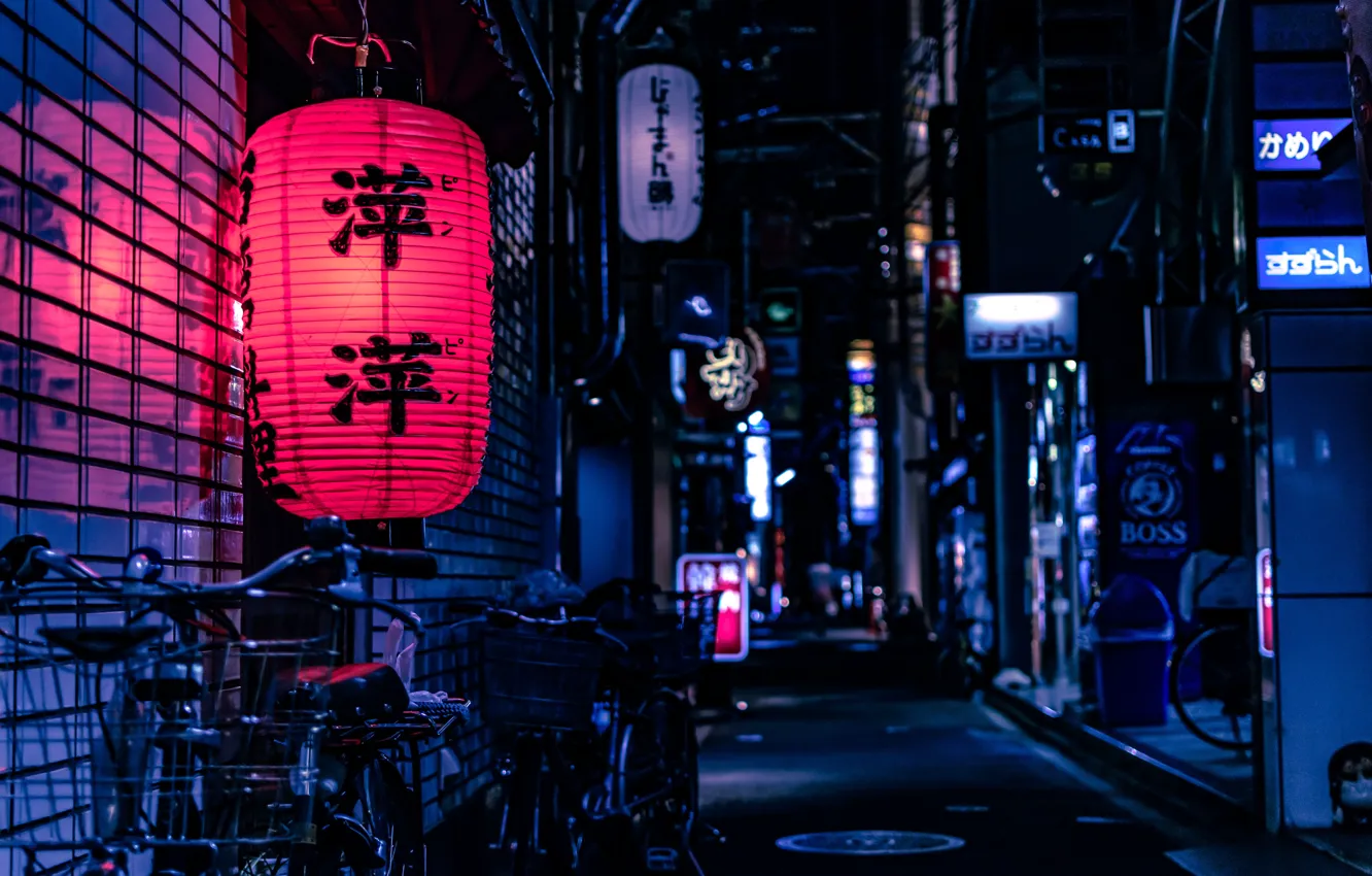 Photo wallpaper night, bike, street, Asia, Japan, advertising, characters, Kyoto
