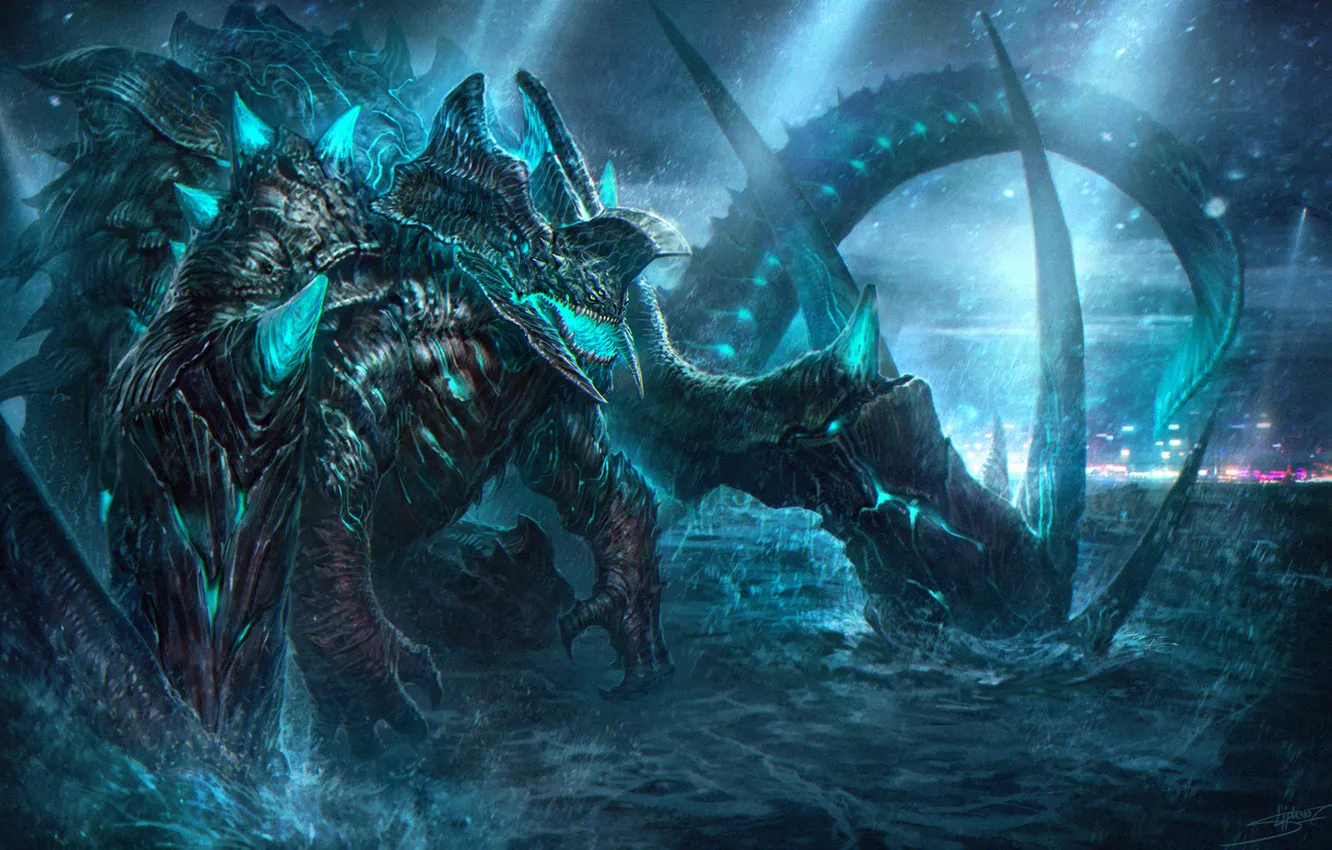 Photo wallpaper water, night, lights, rain, monster, art