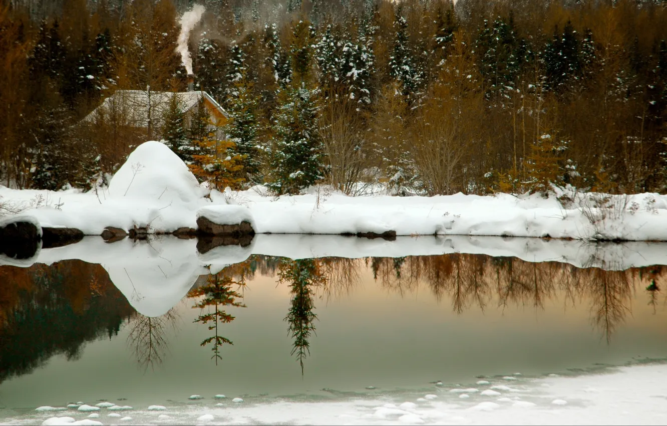 Photo wallpaper smoke, winter, lake, snow, reflection, cabin, chimney