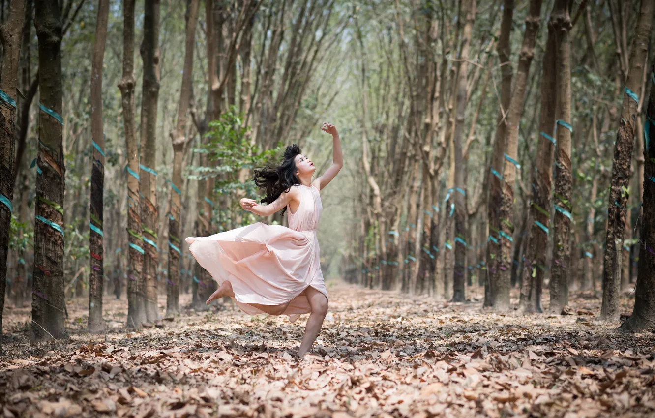 Photo wallpaper forest, leaves, trees, hair, dress, forest, dancing, dress