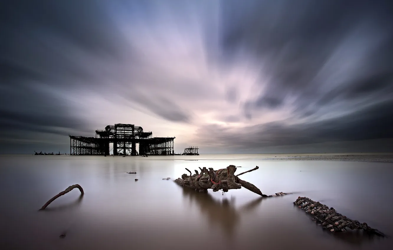 Photo wallpaper sea, landscape, sunset, building