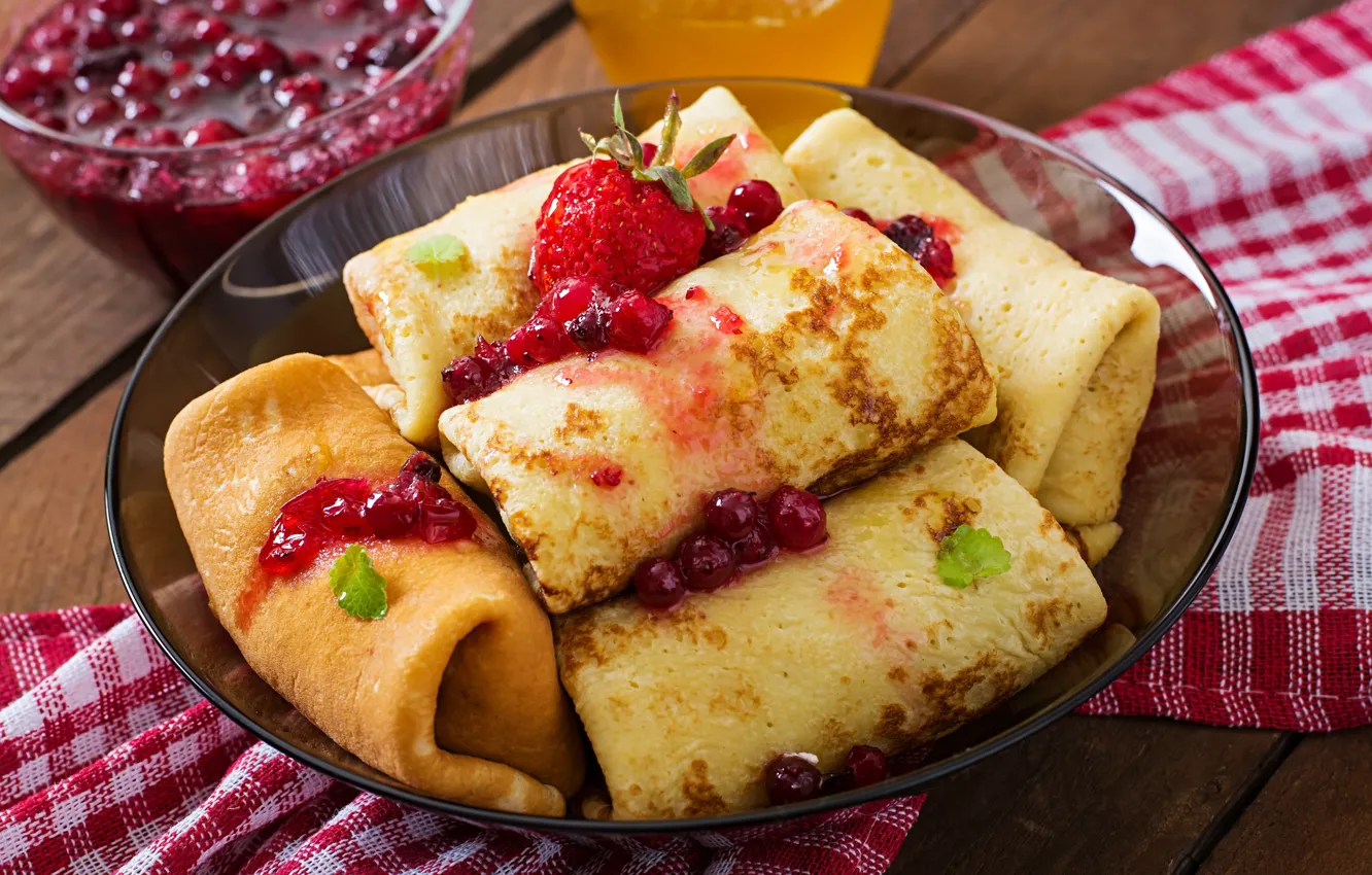 Photo wallpaper red, berries, Board, towel, strawberry, honey, plate, pancakes