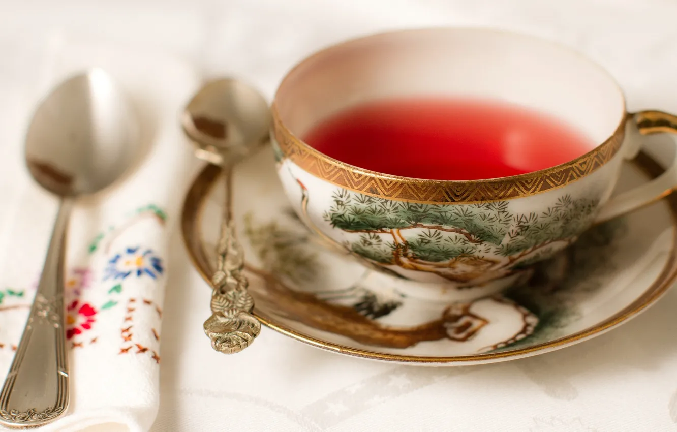 Photo wallpaper tea, Cup, saucer, napkin, spoon