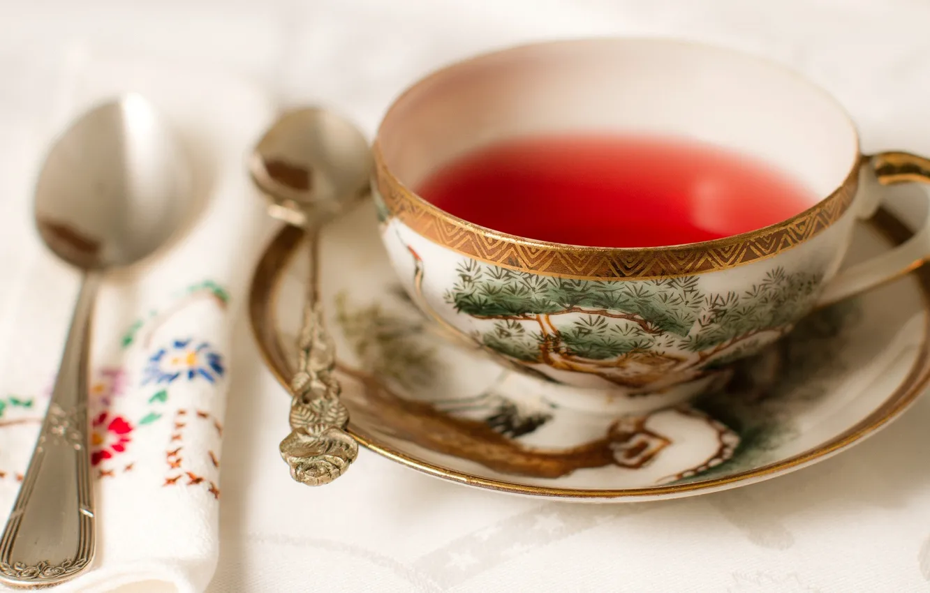 Photo wallpaper tea, spoon, Cup, saucer, napkin