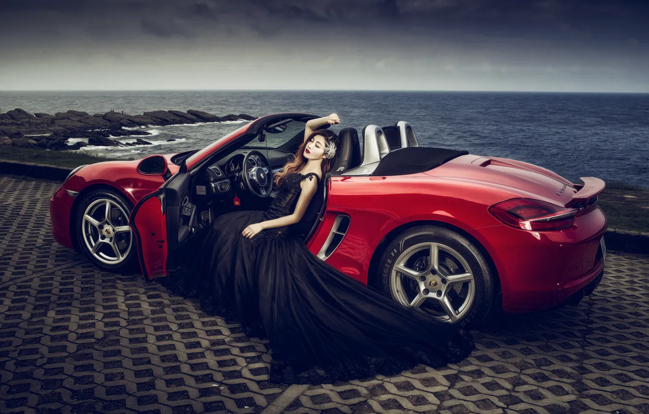 Photo wallpaper sea, machine, auto, girl, pose, style, Porsche, dress
