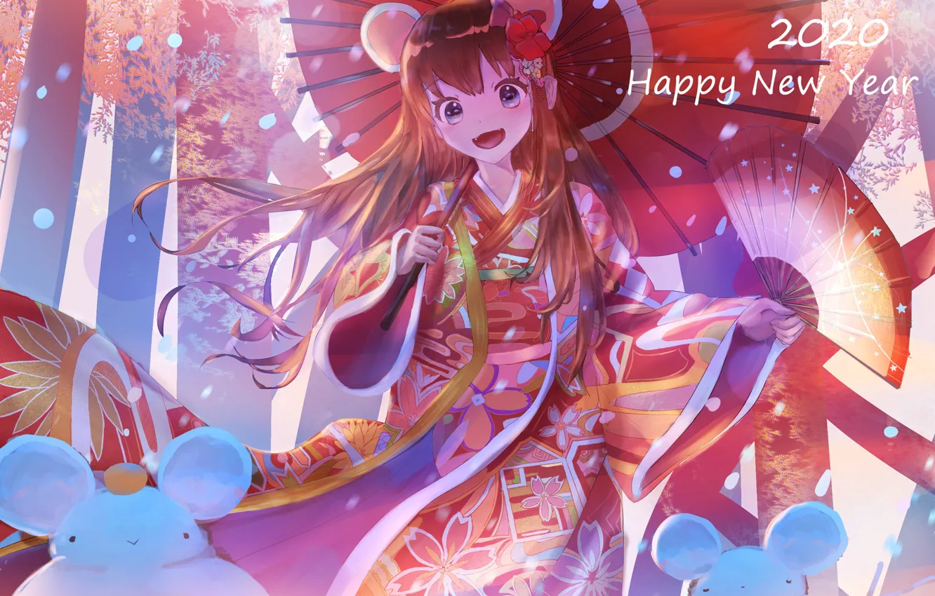 Photo wallpaper girl, umbrella, mouse, fantasy, traditional clothing, new year 2020