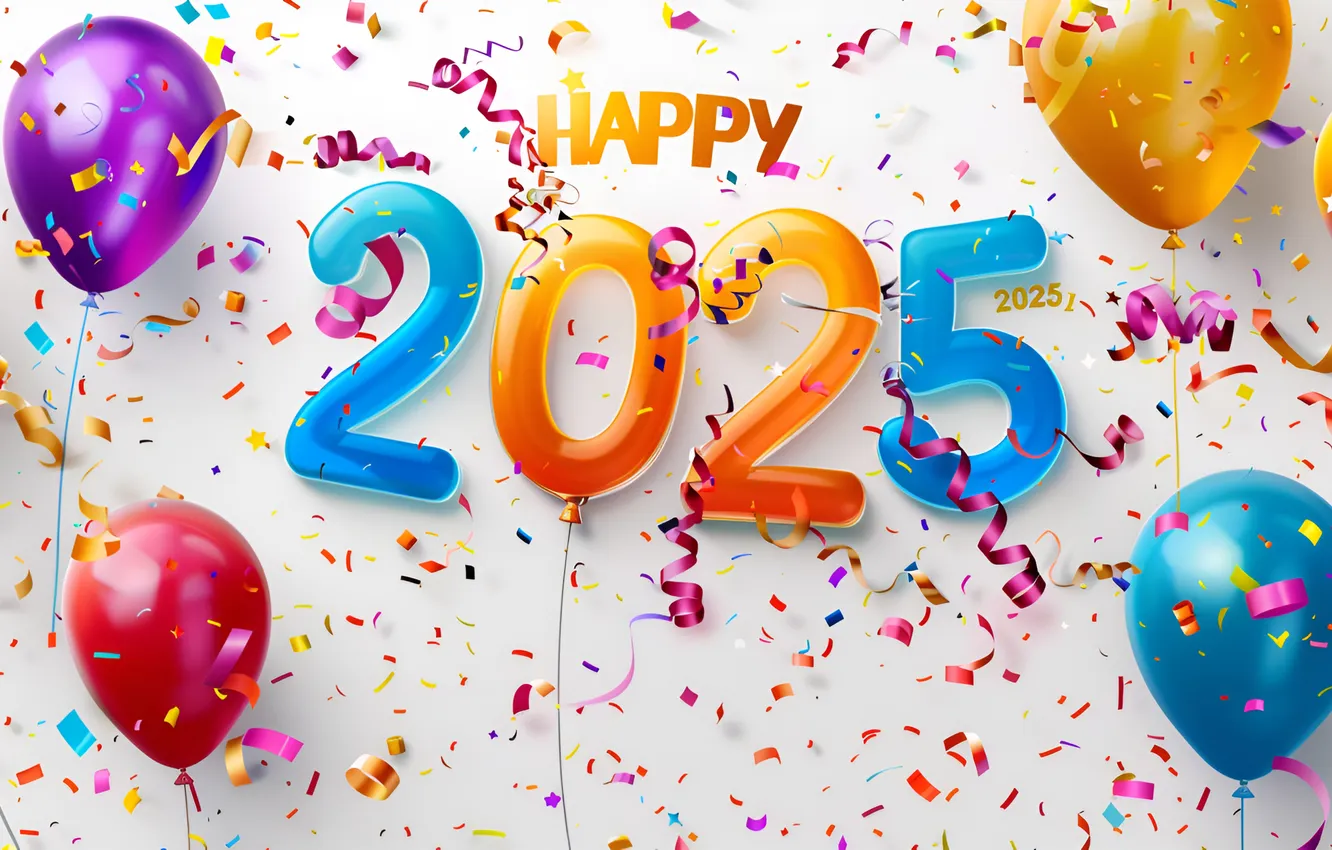 Photo wallpaper holiday, new year, New Year, balloons, celebrations, Confetti, Happy New Year 2025, Festive season