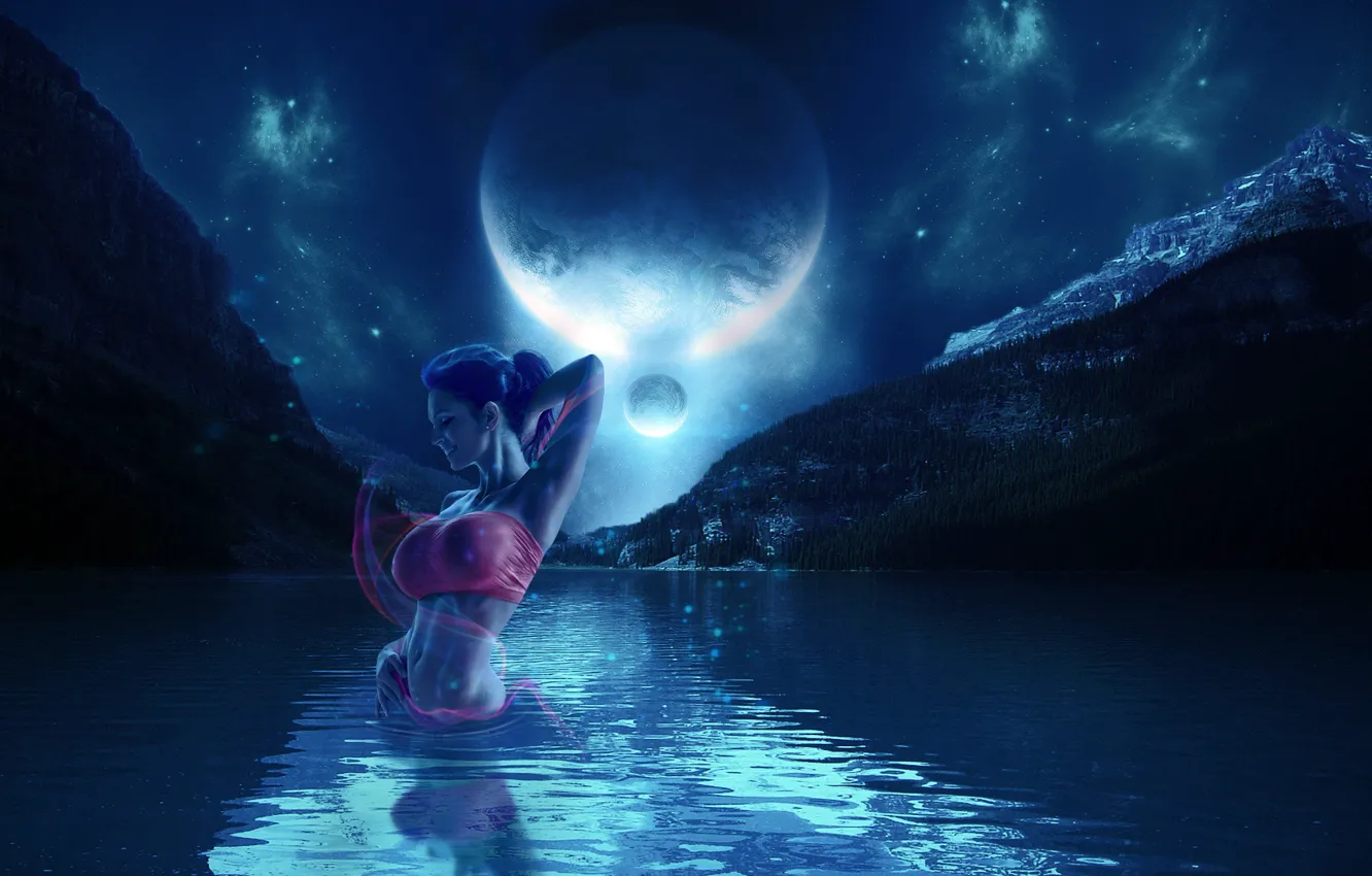 Photo wallpaper girl, night, lake, the moon, photoart