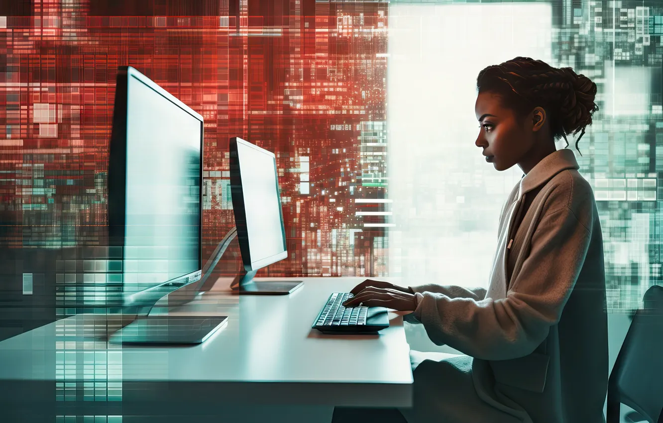 Photo wallpaper computer, girl, work, office, monitor, AI art, neural network