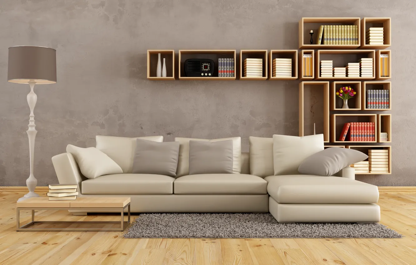 Photo wallpaper sofa, interior, pillow, library, modern, vintage, living room, living room