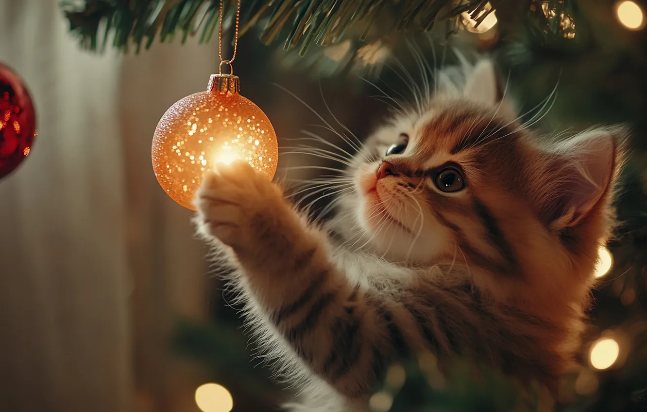 Photo wallpaper cat, look, balls, light, branches, lights, pose, grey