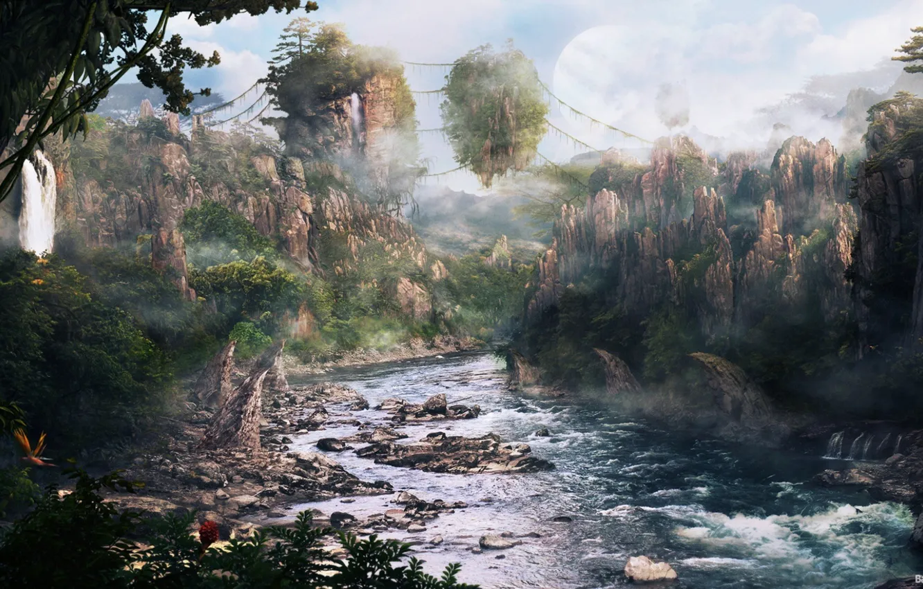 Photo wallpaper landscape, river, blue, waterfall, jungle, green
