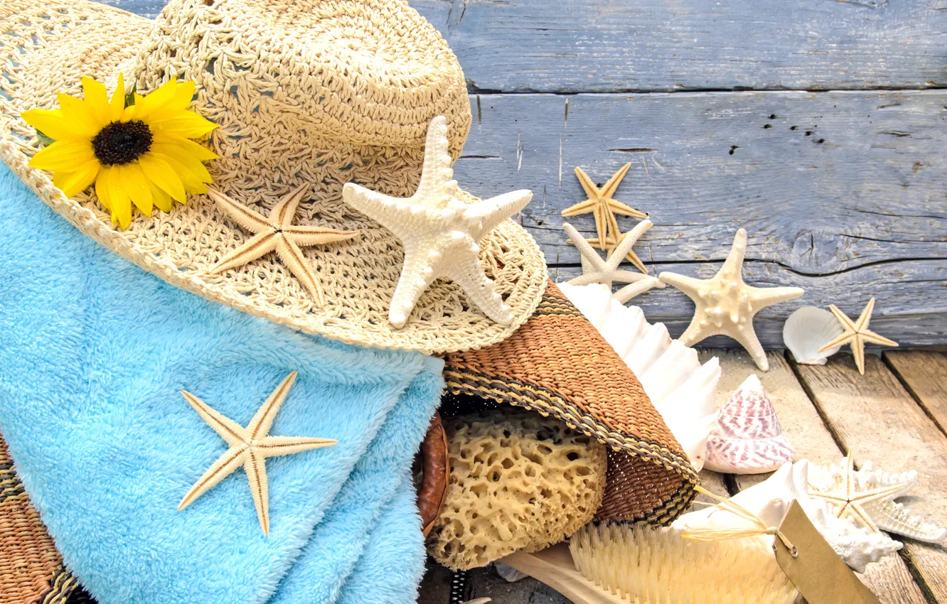 Photo wallpaper sand, beach, stars, hat, shell, beach, wood, sand