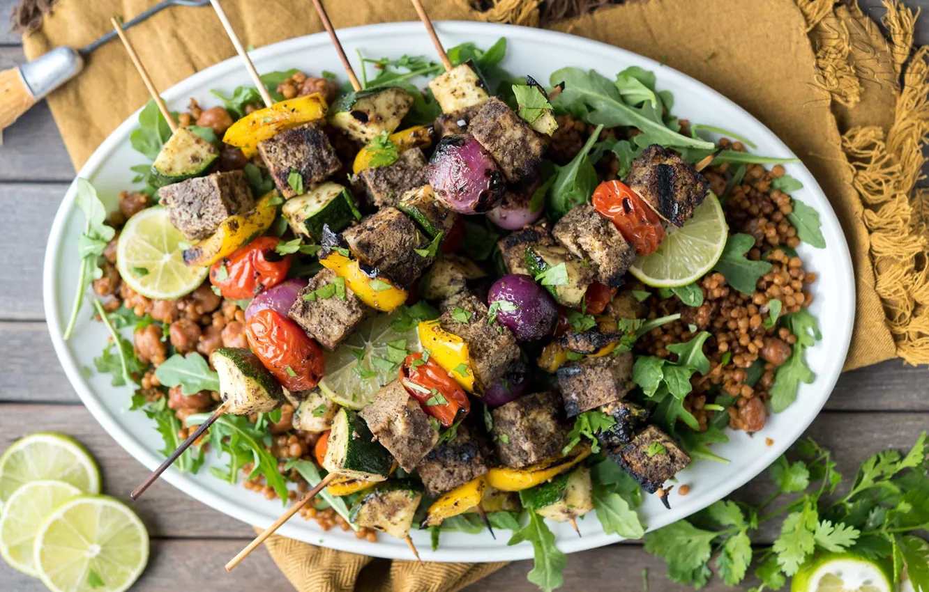 Photo wallpaper kebab, vegetables, lime, meat
