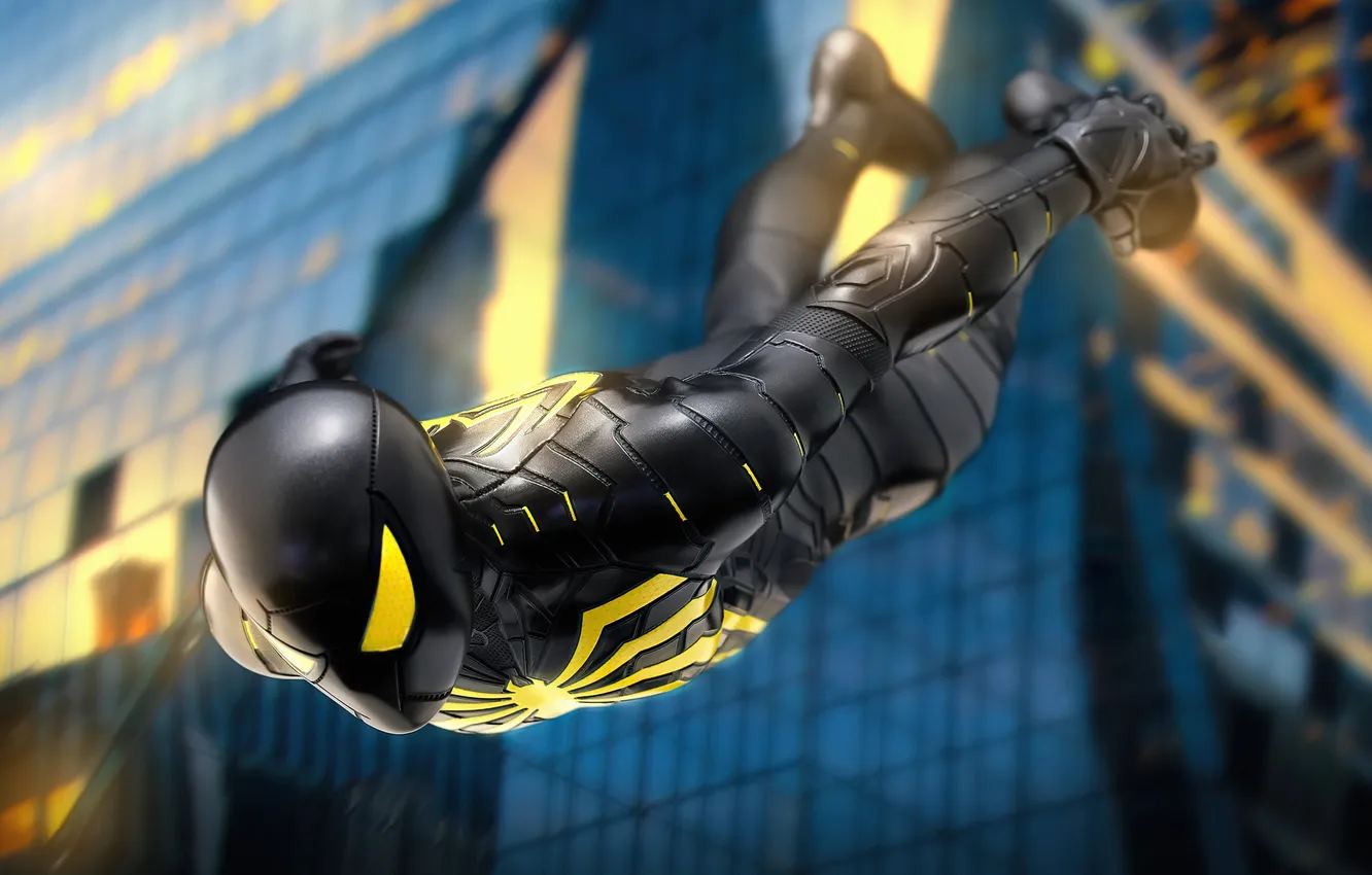 Photo wallpaper flight, the city, skyscrapers, mask, Spiderman, A tight-fitting suit