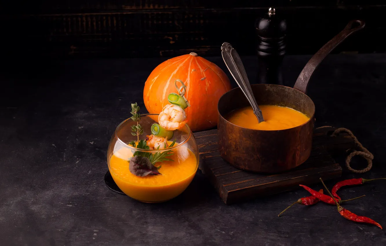 Photo wallpaper pumpkin, pepper, vegetables, scoop, pumpkin soup, pumpkin puree