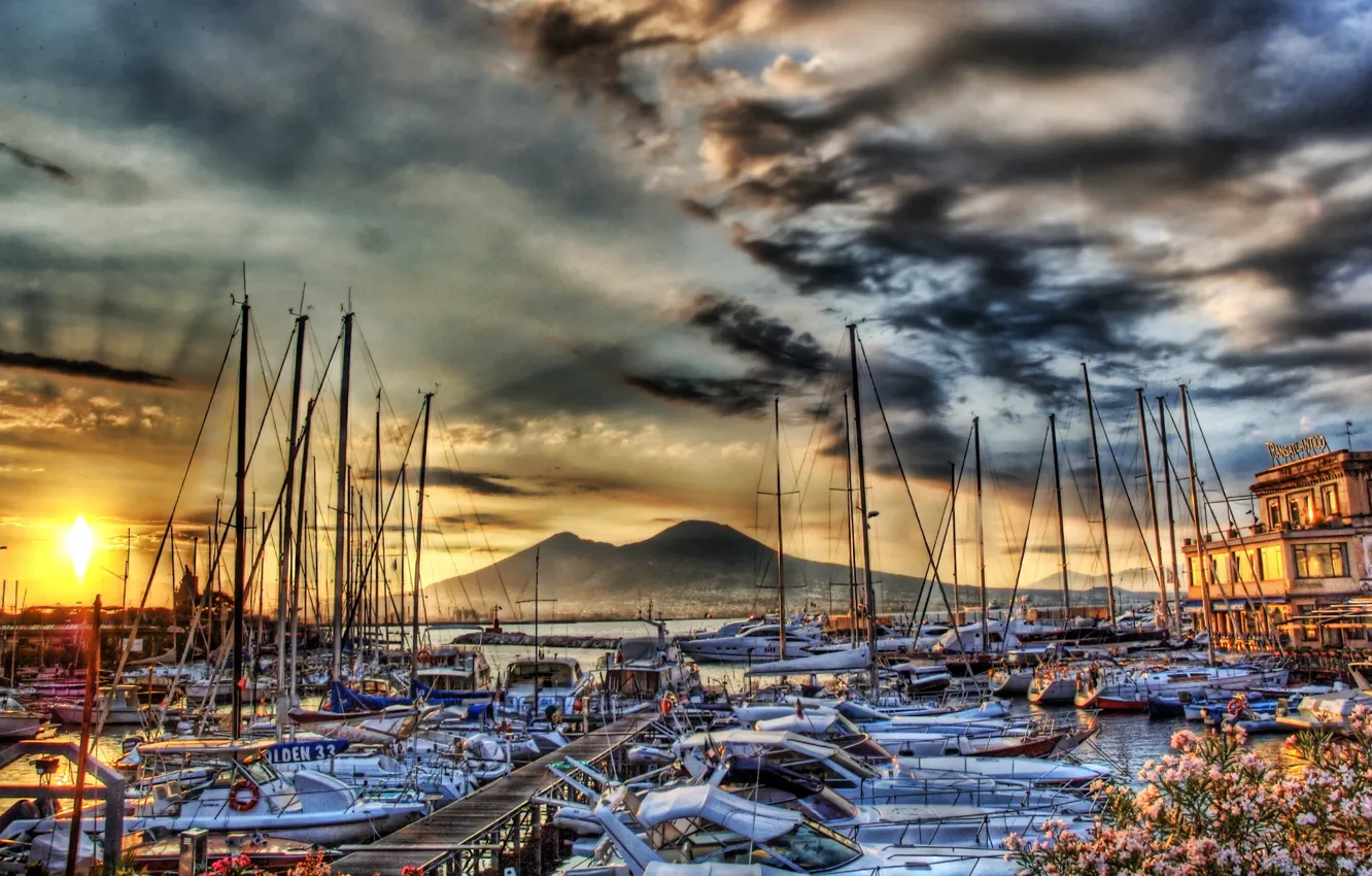 Photo wallpaper sea, mountains, photo, HDR, ships, yachts, pier, Italy